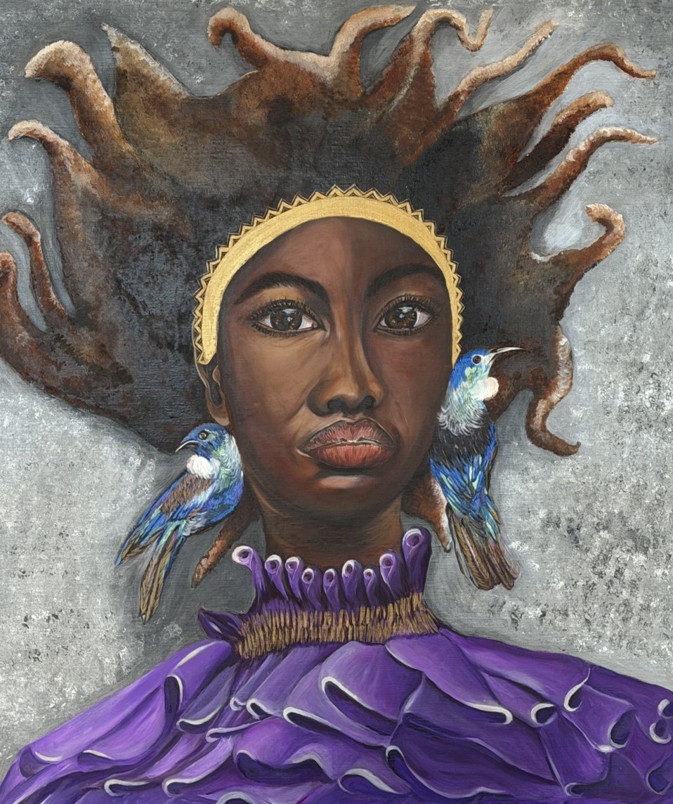 A regal figure in purple with two birds beside her