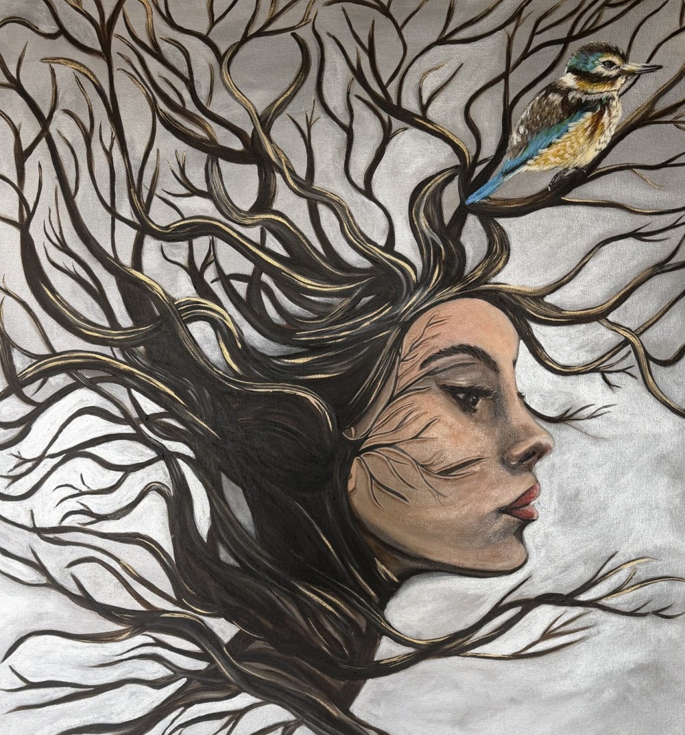 A woman whose hair has become a forest with a kingfisher perched on a branch
